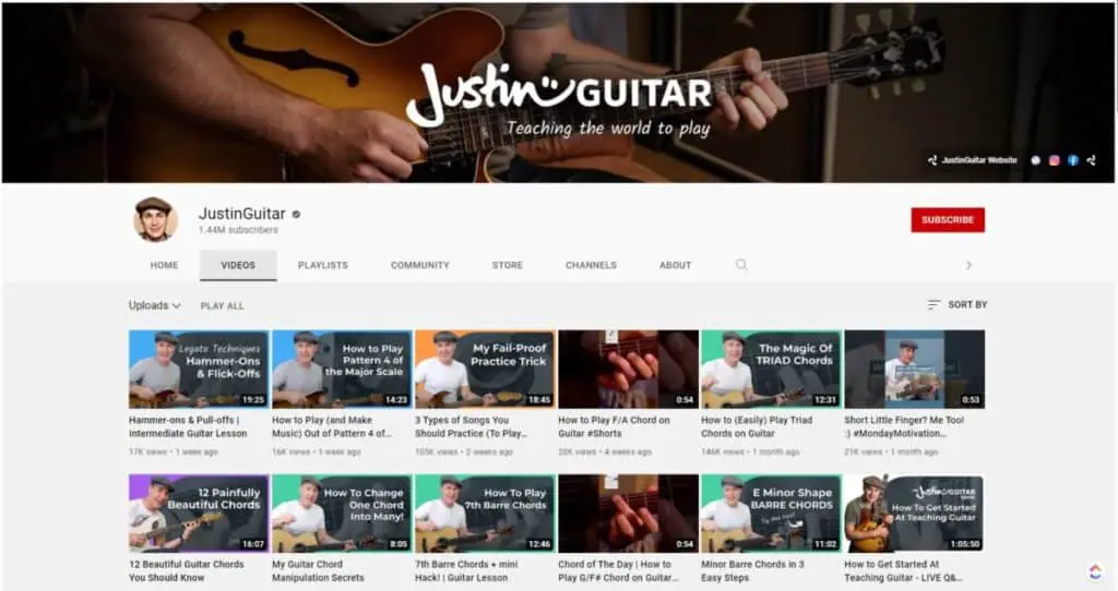 Screenshot of YouTube Teacher Justin Sandercoe's guitar channel.