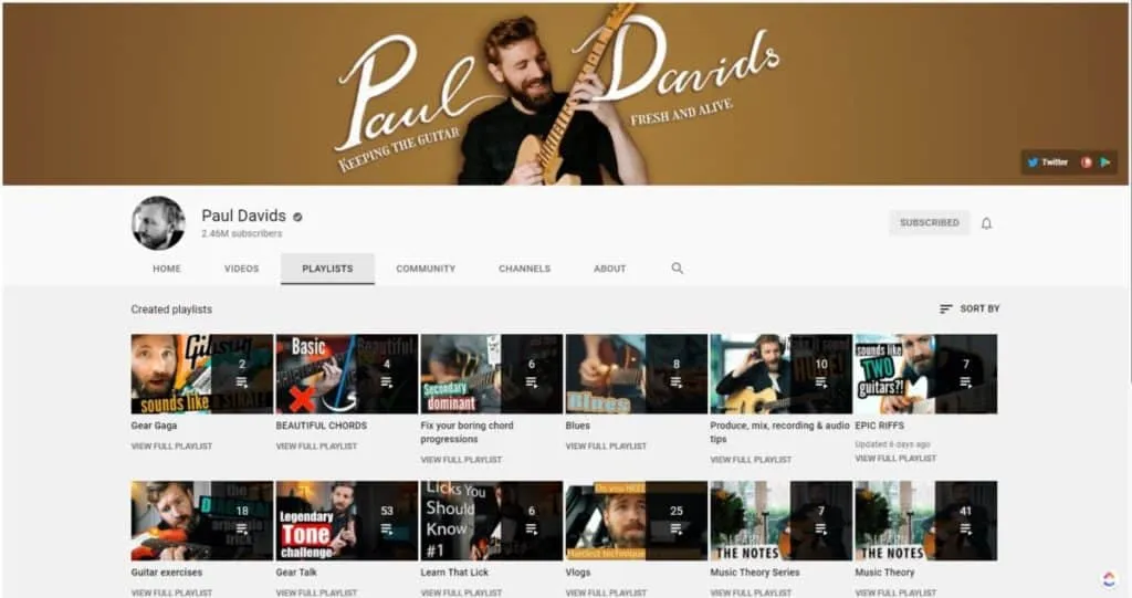 A screenshot of Paul David's YouTube channel where he teaches guitar.