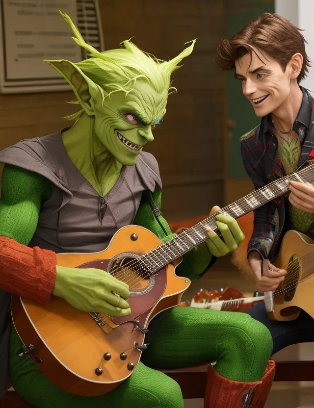 DreamShaper v5 A Green Goblin teaching guitar to student 1